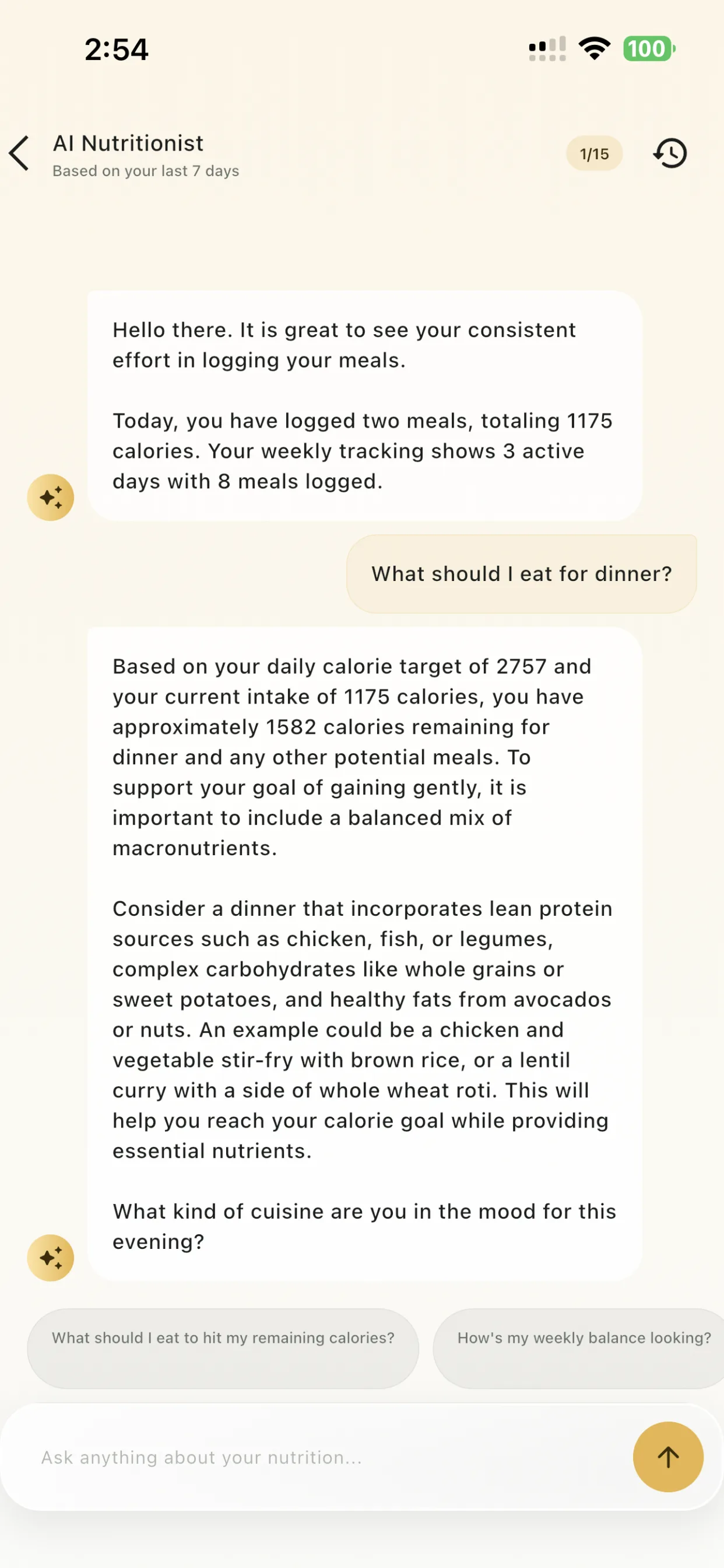 LogMyPlate AI Nutritionist chat answering what to eat for dinner