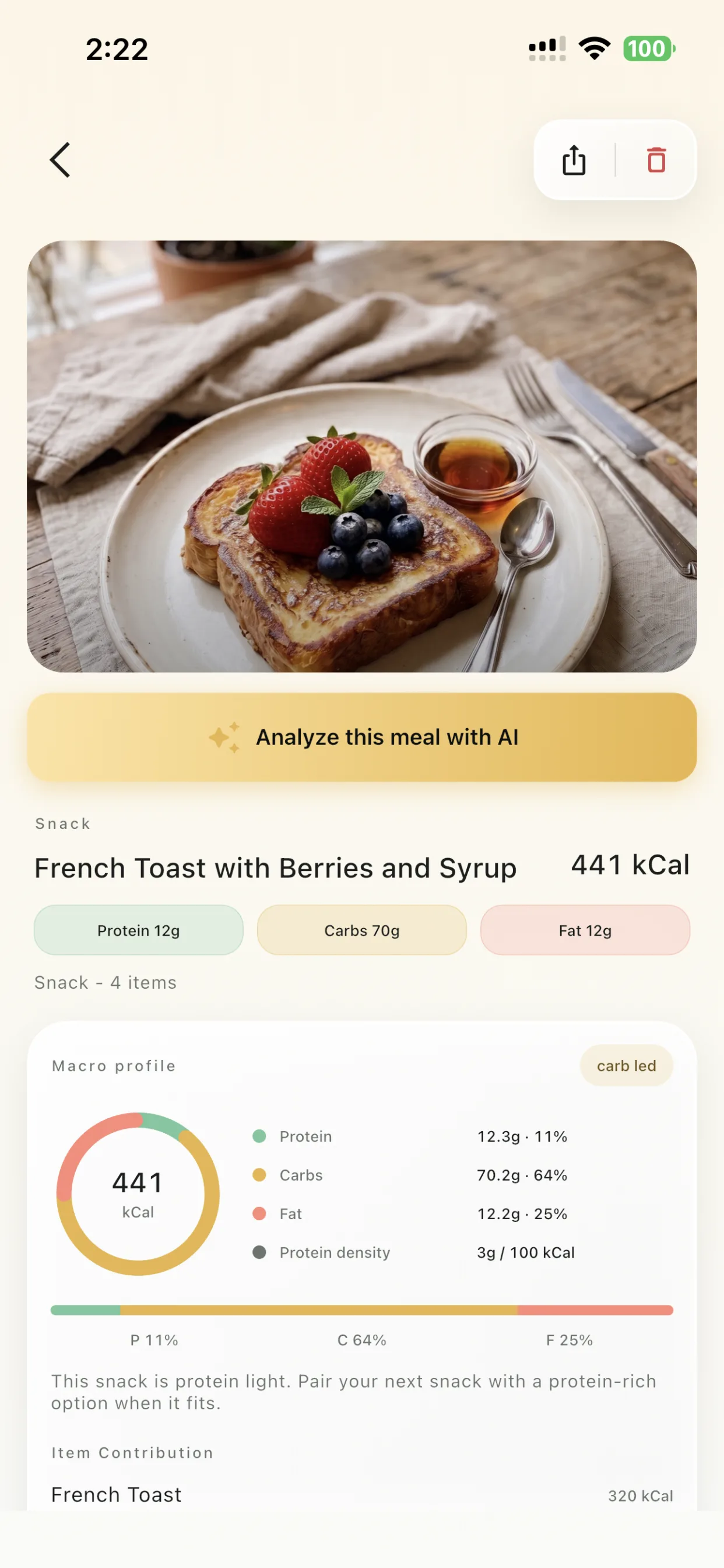 LogMyPlate meal detail screen showing French toast calories and macros