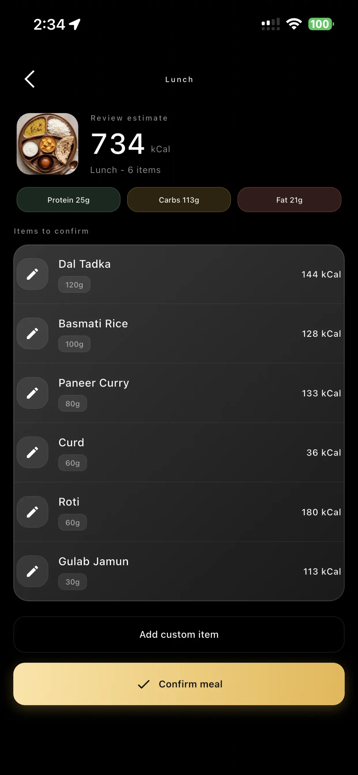 LogMyPlate review estimate screen showing an Indian thali with calories and macros
