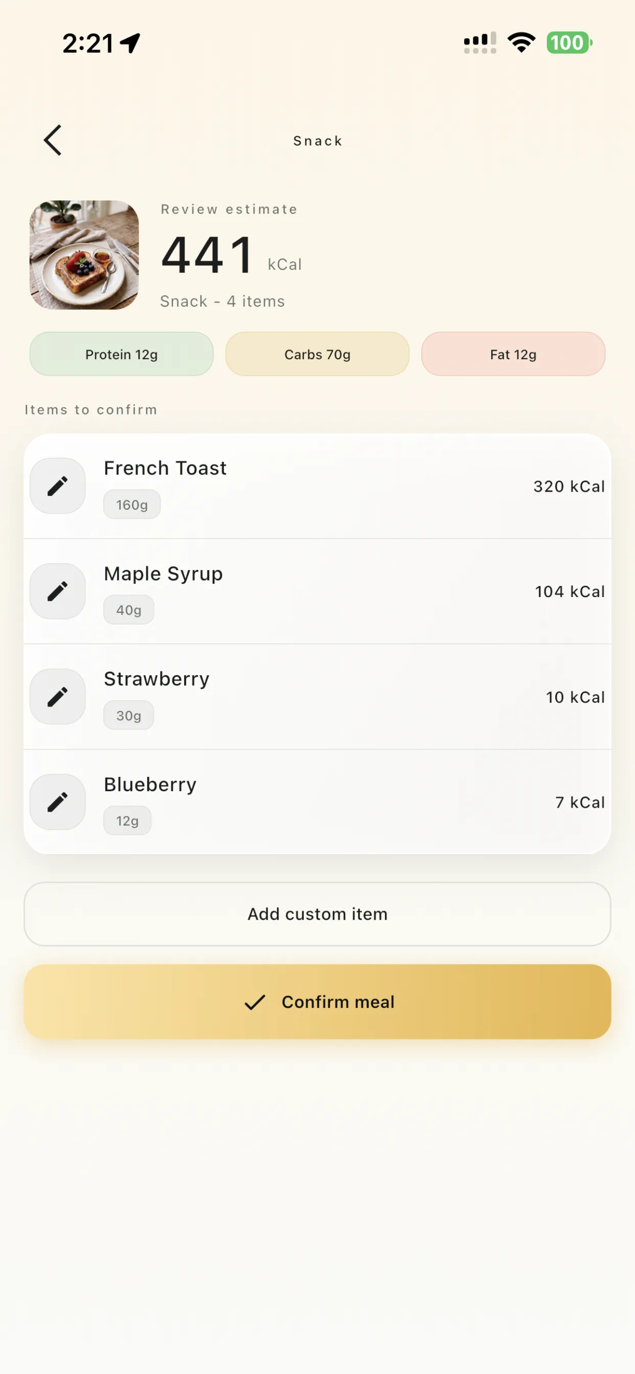 LogMyPlate review estimate screen with food items to confirm