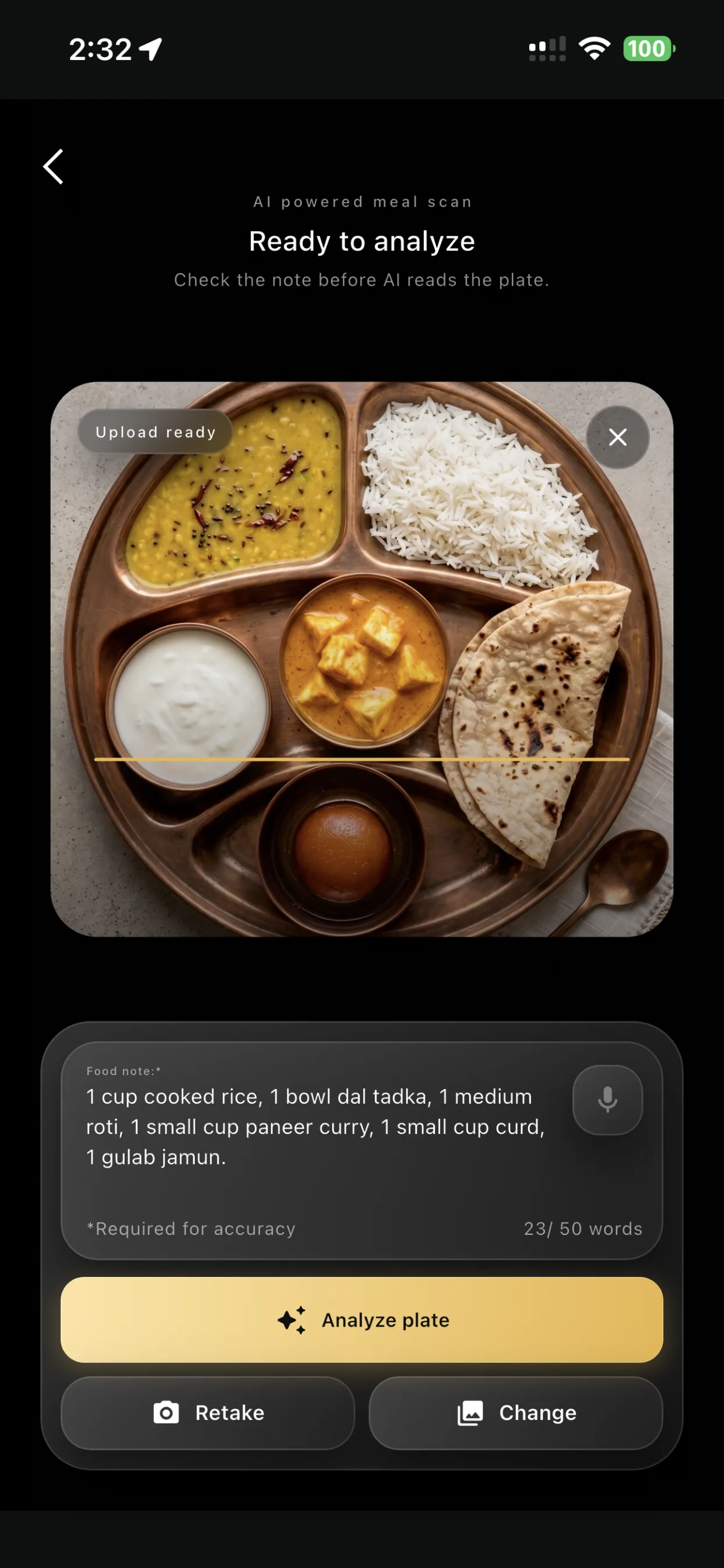 LogMyPlate dark theme scan screen with an Indian thali ready to analyze