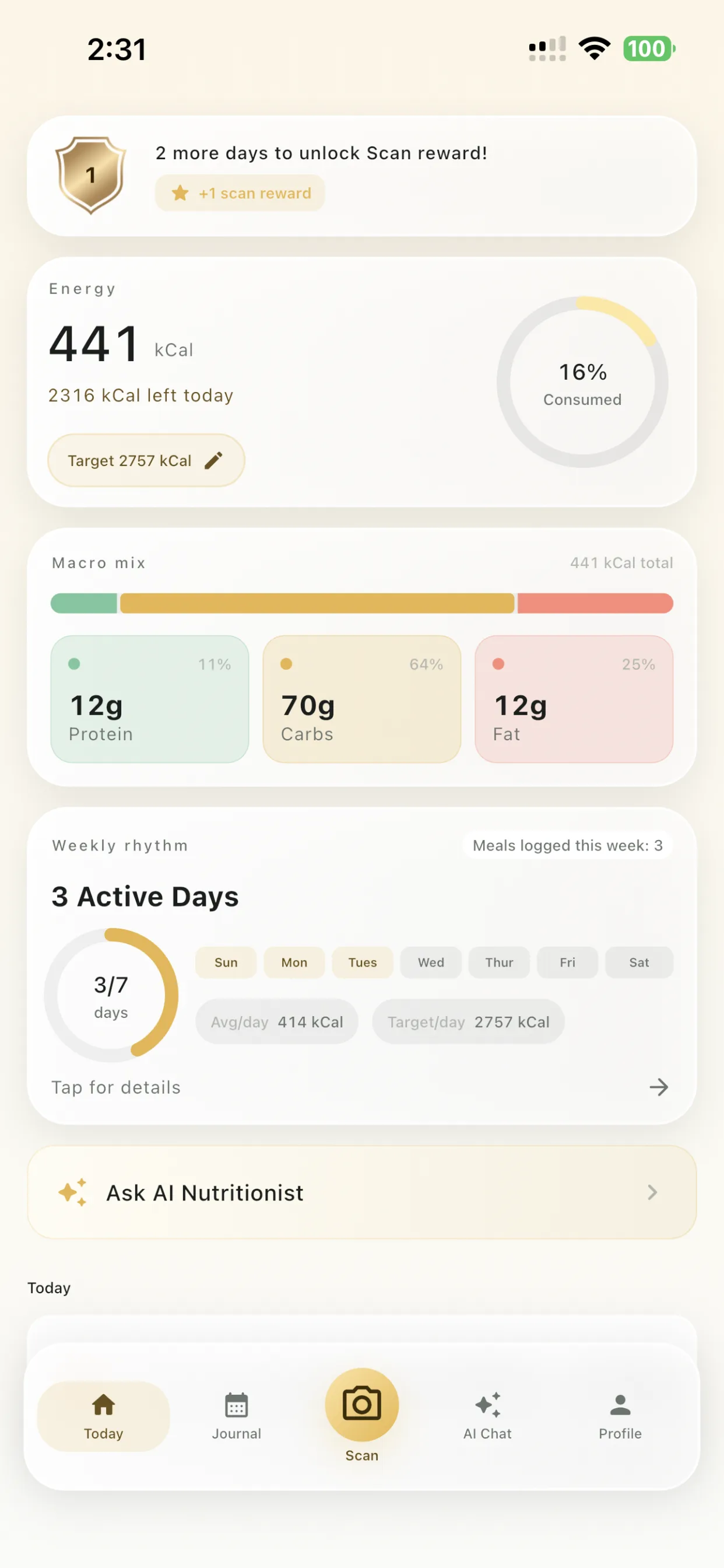 LogMyPlate light theme dashboard with macro mix and weekly rhythm