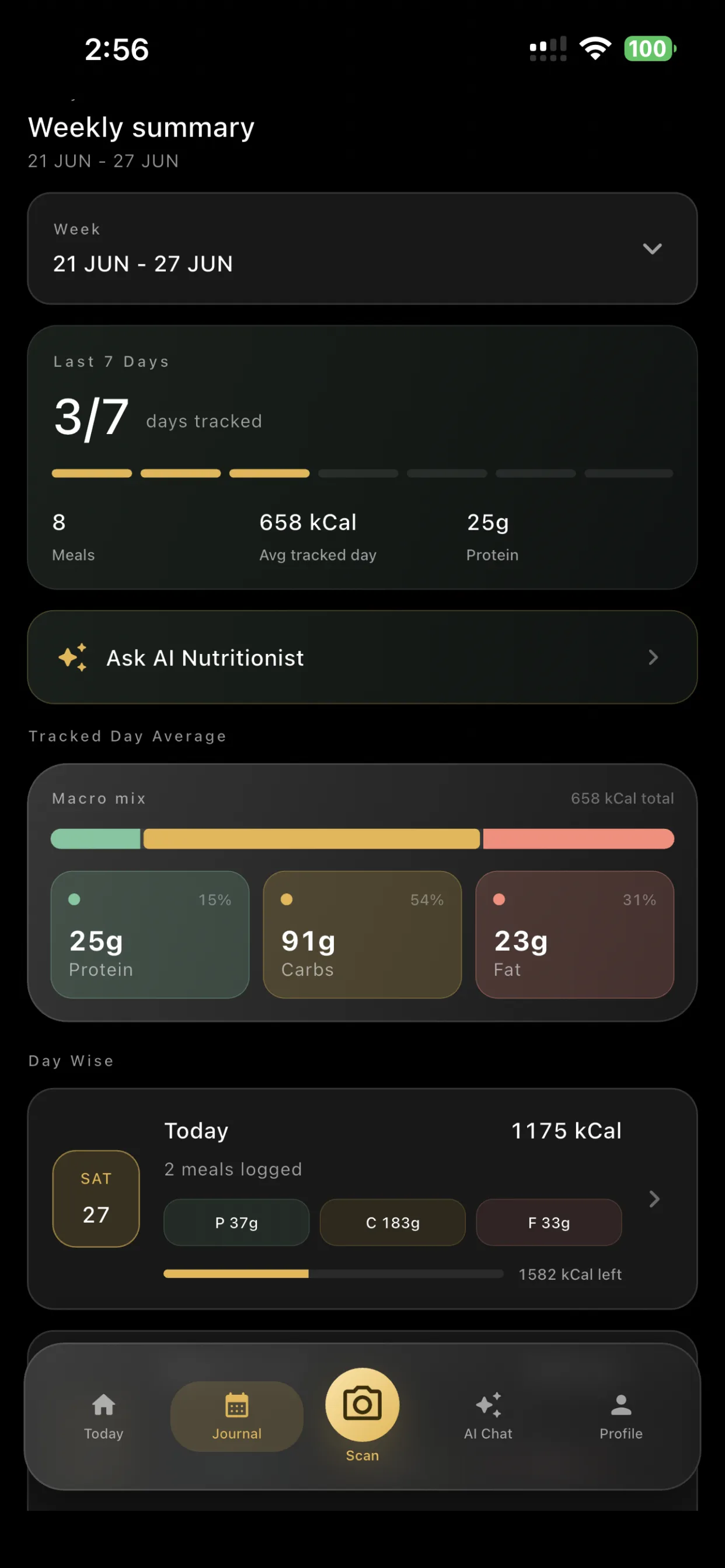 LogMyPlate weekly summary with macro mix and Ask AI Nutritionist